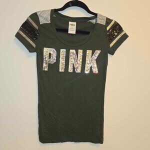 Pink Victoria's Secret Army Green Sequin T-Shirt